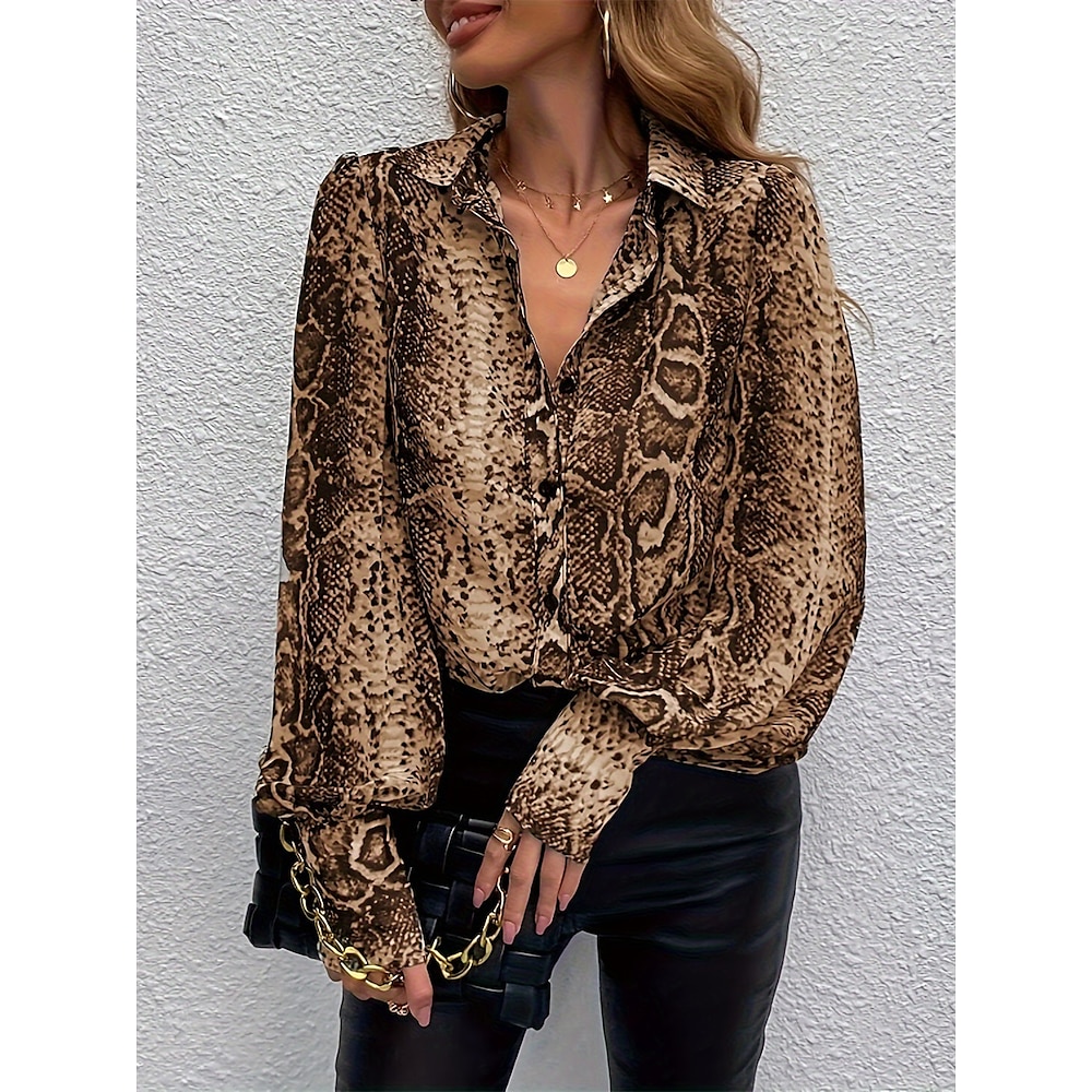 Damen Hemd Elegant Stilvoll Brautkleider schlicht Leopard Normale Oberteile Langarm Hemdkragen Lockere Passform Arbeit Täglich Ausgehen Leopard Frühling Herbst Winter Lightinthebox