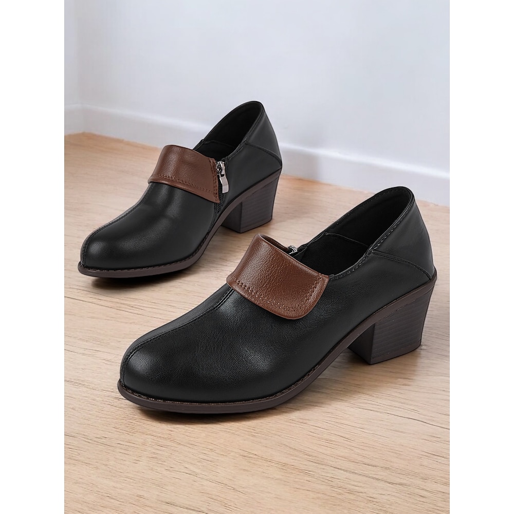 Stilvolle schwarze Loafer aus Kunstleder mit Blockabsatz und Reißverschlussdetail für die Arbeit oder Freizeitausflüge für Damen Lightinthebox