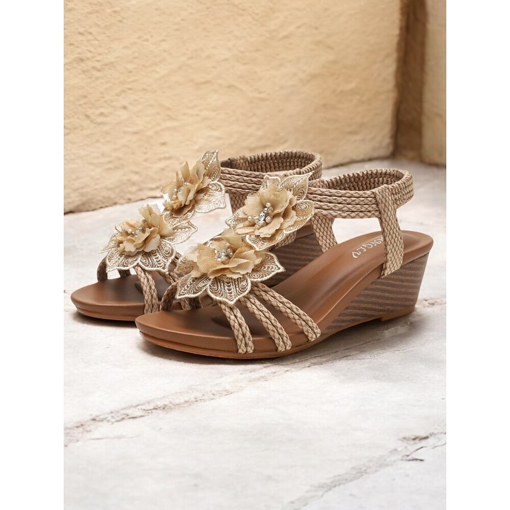 braune gewebte Keilsandalen im Bohème-Stil für Damen mit floralen Verzierungen - bequeme Sommersandalen für den Strand und Freizeitausflüge Lightinthebox