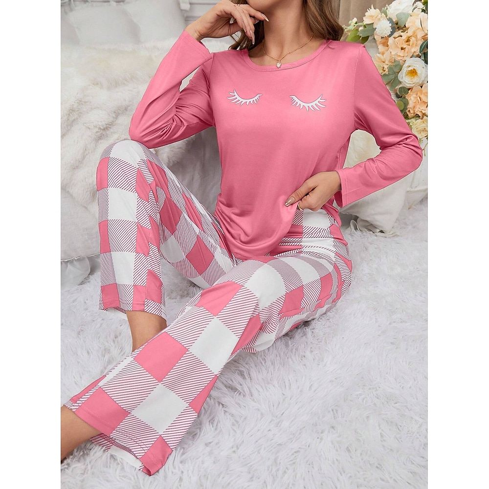 Damen Schlafanzug Set Brautkleider schlicht Komfort Karikatur Gitter / Plaid T Shirt Hose Heim Langarm Rundhalsausschnitt Schwarz Rosa Frühling Herbst Winter Lightinthebox