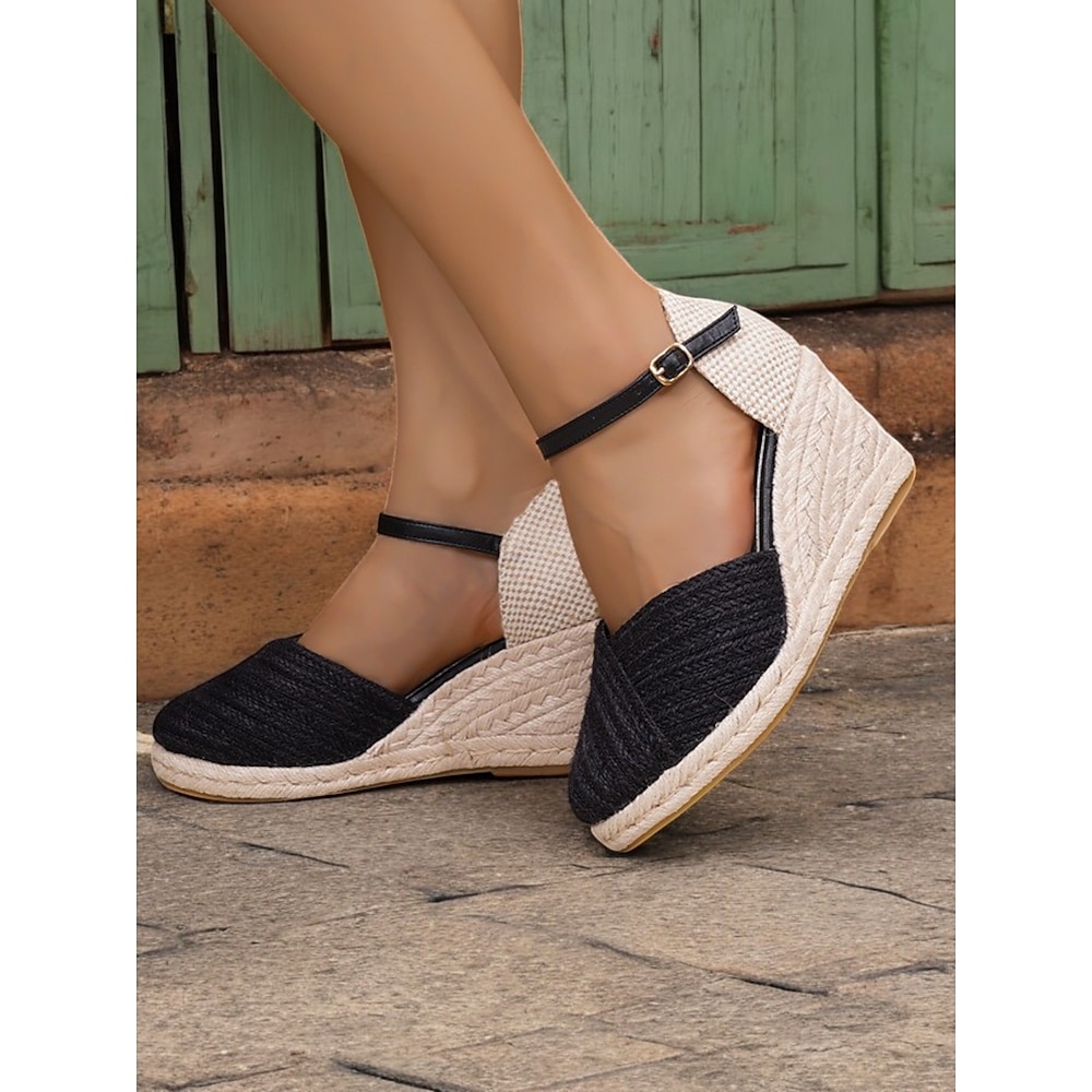 Schwarze und beige Espadrilles mit Keilabsatz und Knöchelriemen für Damen, bequeme Sommersandalen für den Strand, Freizeitausflüge und den Urlaub Lightinthebox