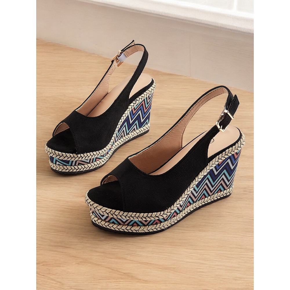 Damen Peep-Toe Slingback Keilsandaletten mit bunter Zickzack-Espadrille-Sohle - Boho Sommerschuhe für Freizeit und Strand Lightinthebox