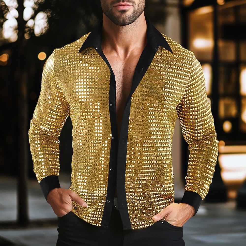 Herren Hemd Abschlussball-Shirt Disco-Shirt Silber Schwarz Gold Langarm Pailletten Kragen Leistung Party-Abendgarderobe Pailletten Bekleidung Modisch Brautkleider schlicht Lightinthebox