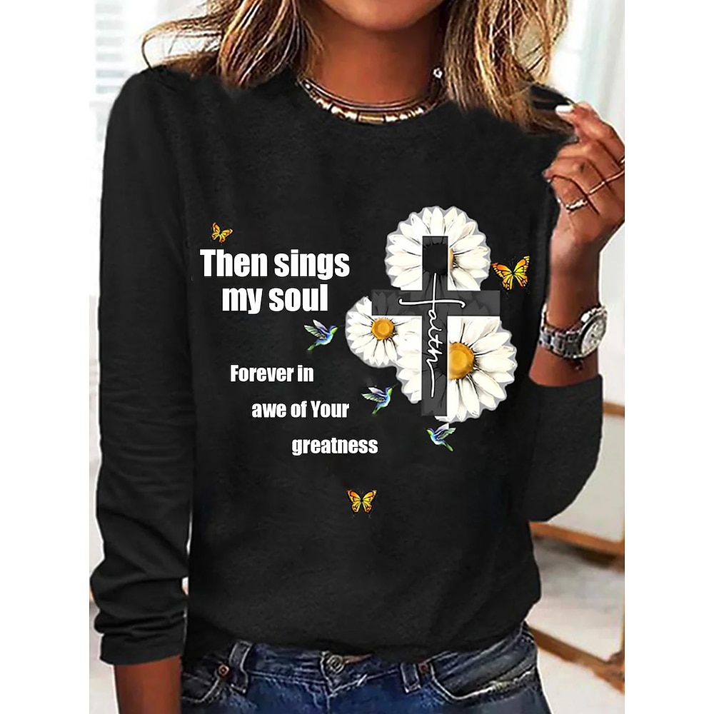 Damen T Shirt Brautkleider schlicht Blumen Buchstabe Normale Oberteile Langarm Rundhalsausschnitt Bedruckt Regular Fit Täglich Wochenende Schwarz Rosa Herbst Winter Lightinthebox