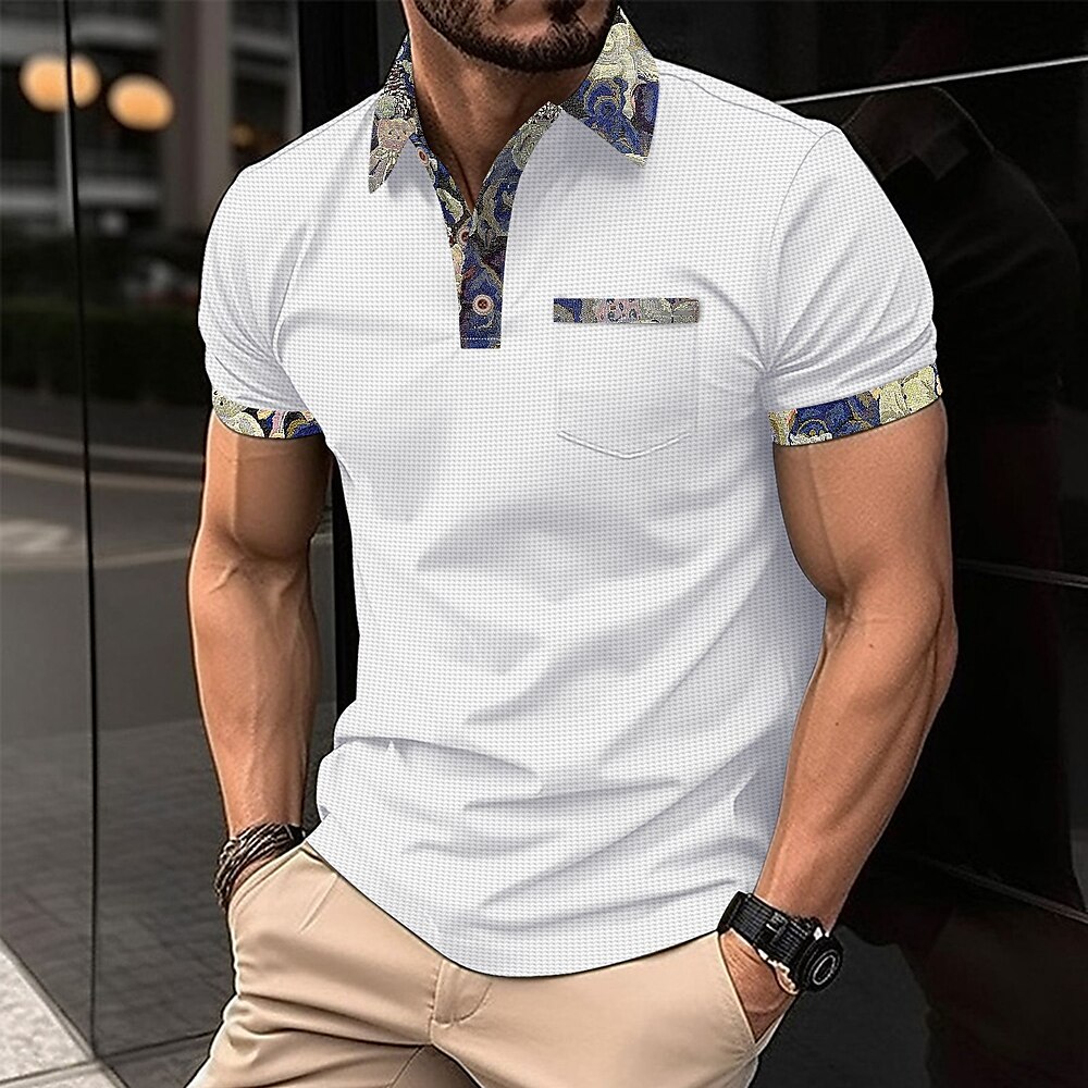 Herren Golfhemd Poloshirt aus Waffelstrick Geschäft Aktiv Klassisch Kurzarm Modisch Modern Feste Farbe Blumen Knopf Tasche Sommer Frühling Regular Fit Schwarz Weiß Blau Beige Grau Golfhemd Lightinthebox