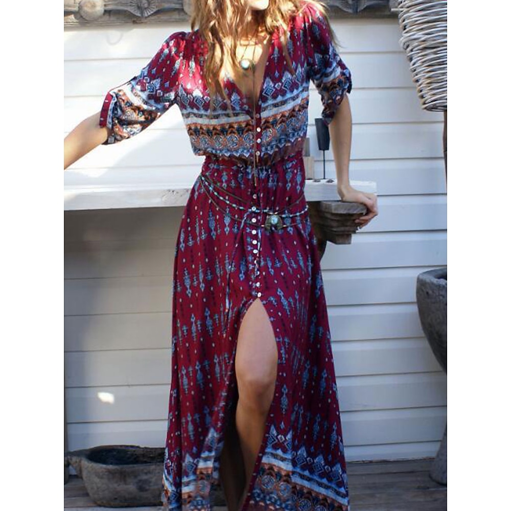 Damen Casual kleid Boho Chic Kleider Böhmen Kuschelig Stilvoll Graphic Maxidress 3/4 Ärmel V Ausschnitt Knopf Kordelzug Bedruckt Lockere Passform Urlaub Täglich Strand Schwarz Wein Blau Sommer Lightinthebox