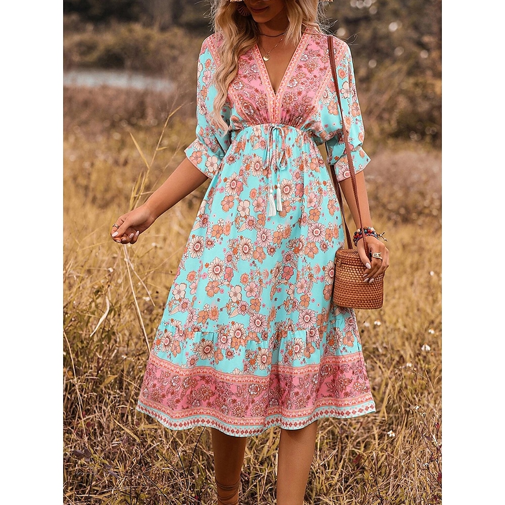 Damen Casual kleid Boho Chic Kleider Böhmen Stilvoll Brautkleider schlicht Graphic Maxidress Kurzarm V Ausschnitt Bedruckt Lockere Passform Urlaub Täglich Strand Schwarz Rote Grün Sommer Frühling Lightinthebox