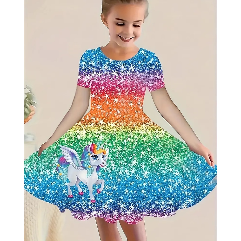 Mädchen' 3D Graphic Einhorn Kleid Kurzarm Sommer Frühling Urlaub Täglich Festtage Prinzessin Schön Süß kinderkleidung 4-12 Jahre Casual kleid A Linie Kleid Knielang Regular Fit Lightinthebox