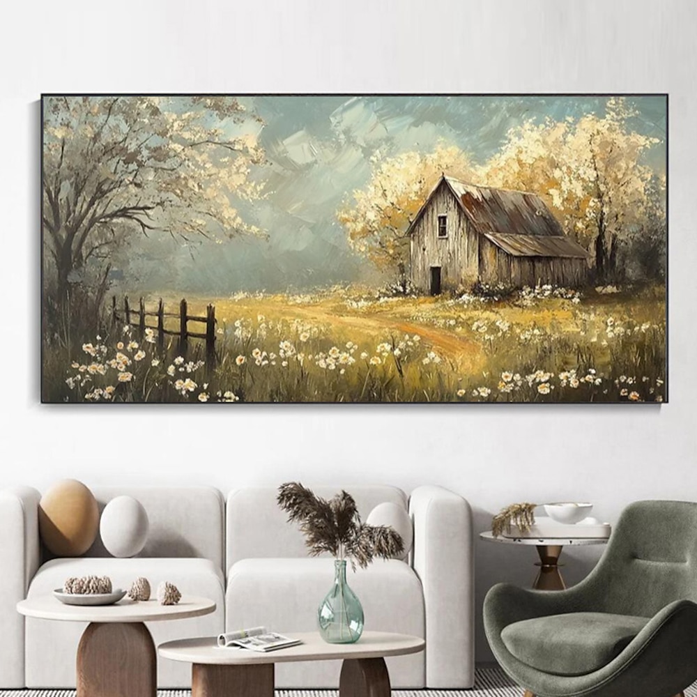 handgemalte Bauernhaus Wandkunst rustikales Bild Wohnzimmer Dekor Retro Land Feld Landschaft Malerei Vintage Scheune Leinwand Kunst Kunstwerk kein Rahmen Lightinthebox