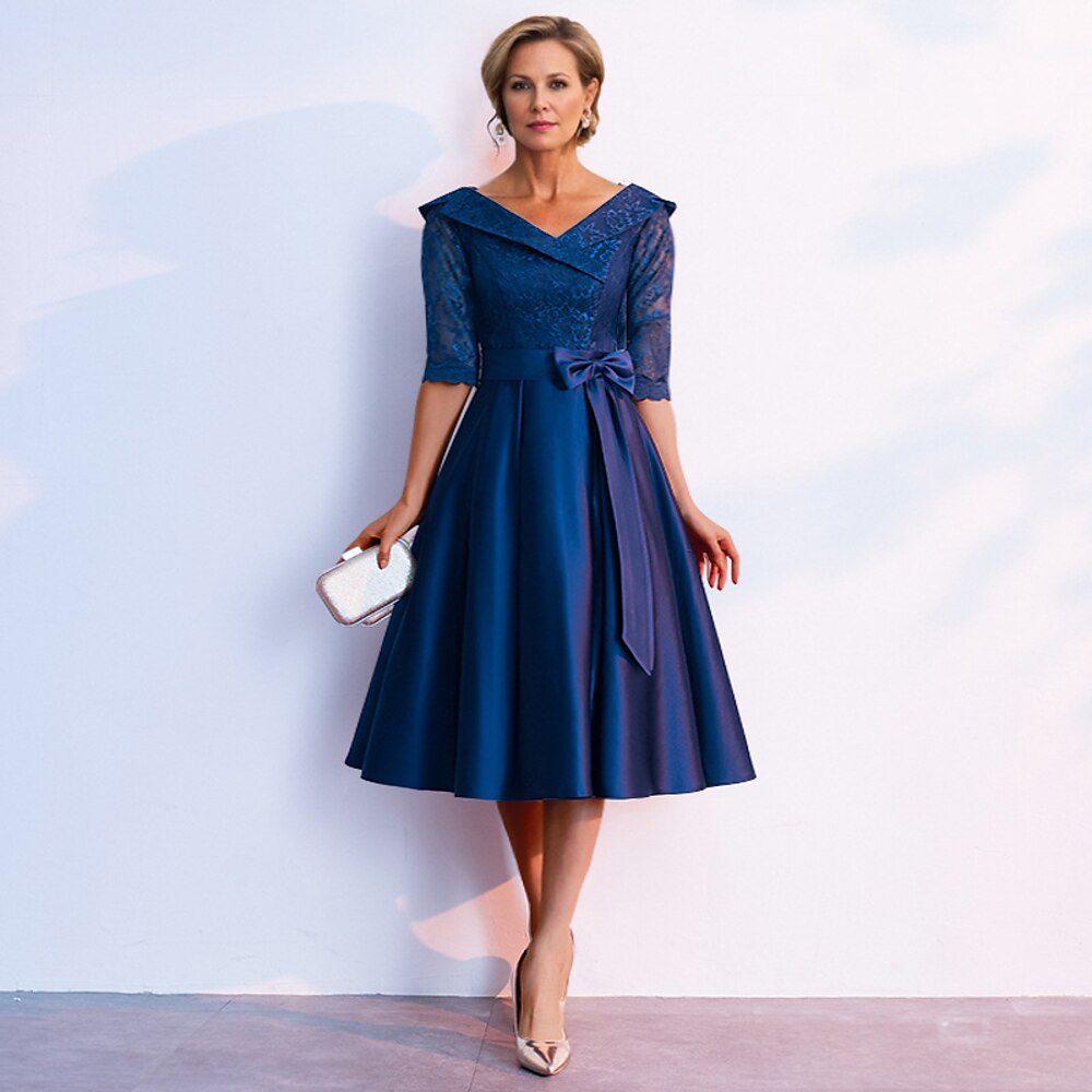 A-Linie Brautmutterkleid Elegantes V-Ausschnitt Tee-lang Spitze 3/4 Länge Ärmel mit Schleife(n) Derby Kleid 2025 Lightinthebox