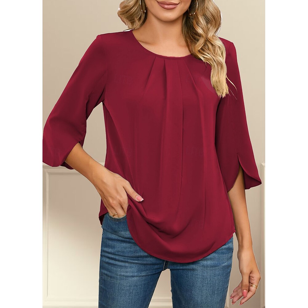 Damen Hemd Bluse Basic Brautkleider schlicht Rüschen 3/4 Ärmel Normale Oberteile Rundhalsausschnitt Täglich Wein Blau Grün Frühling Herbst Lightinthebox