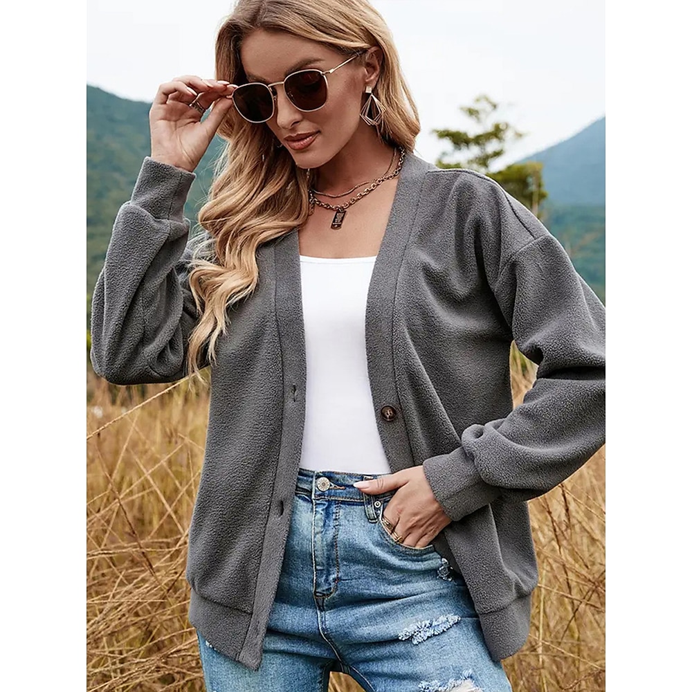 Damen Sweatshirt Pullover Brautkleider schlicht Polyester Glatt Strasse Alltagskleidung Casual V Ausschnitt Knopf Langarm Grau Herbst Winter Lightinthebox