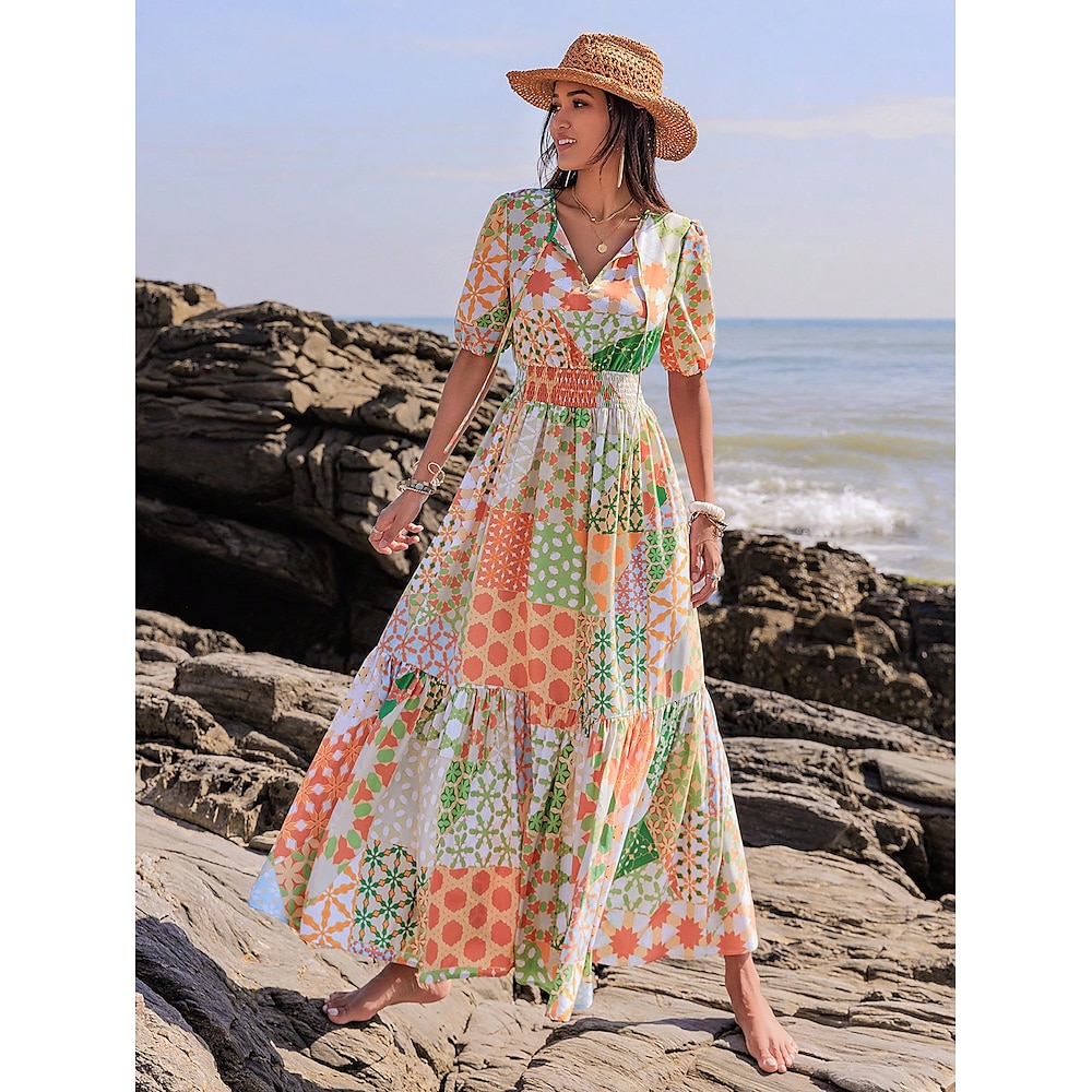 Damen Polyester Casual kleid Blumen Geometrisch Patchwork Bedruckt V Ausschnitt Laternenärmel Maxidress Brautkleider schlicht Boho Heim Arbeit Kurzarm Sommer Frühling Lightinthebox