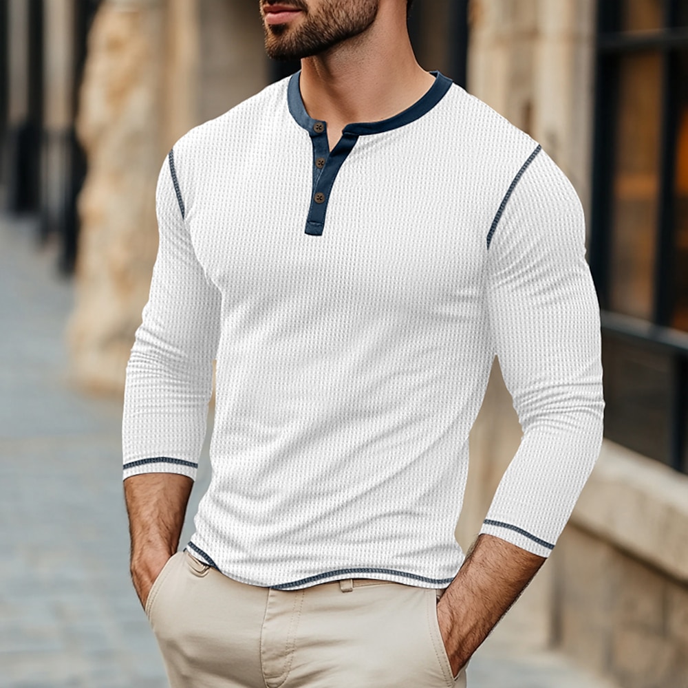 Herren T Shirt Henley Shirt Waffelstrick-T-Shirt T-Shirt langarmshirt Farbblock Henley Urlaub Strasse Langarm Patchwork Bekleidung Modisch Designer Basic Lightinthebox