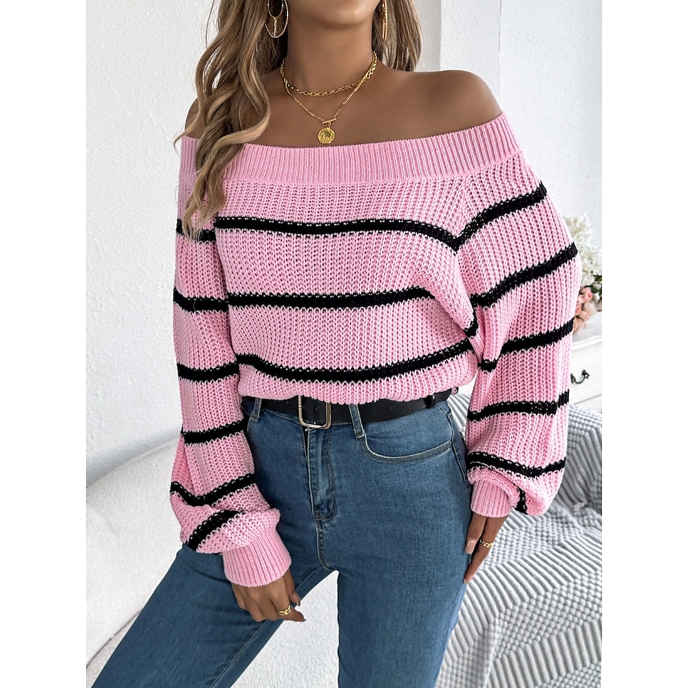 Damen Pullover Brautkleider schlicht Weich Gestreift Gerippt Schulterfrei Strick Langarm Normale Oberteile Stricken Outdoor Täglich Wochenende Weiß Rosa Herbst Winter Lightinthebox