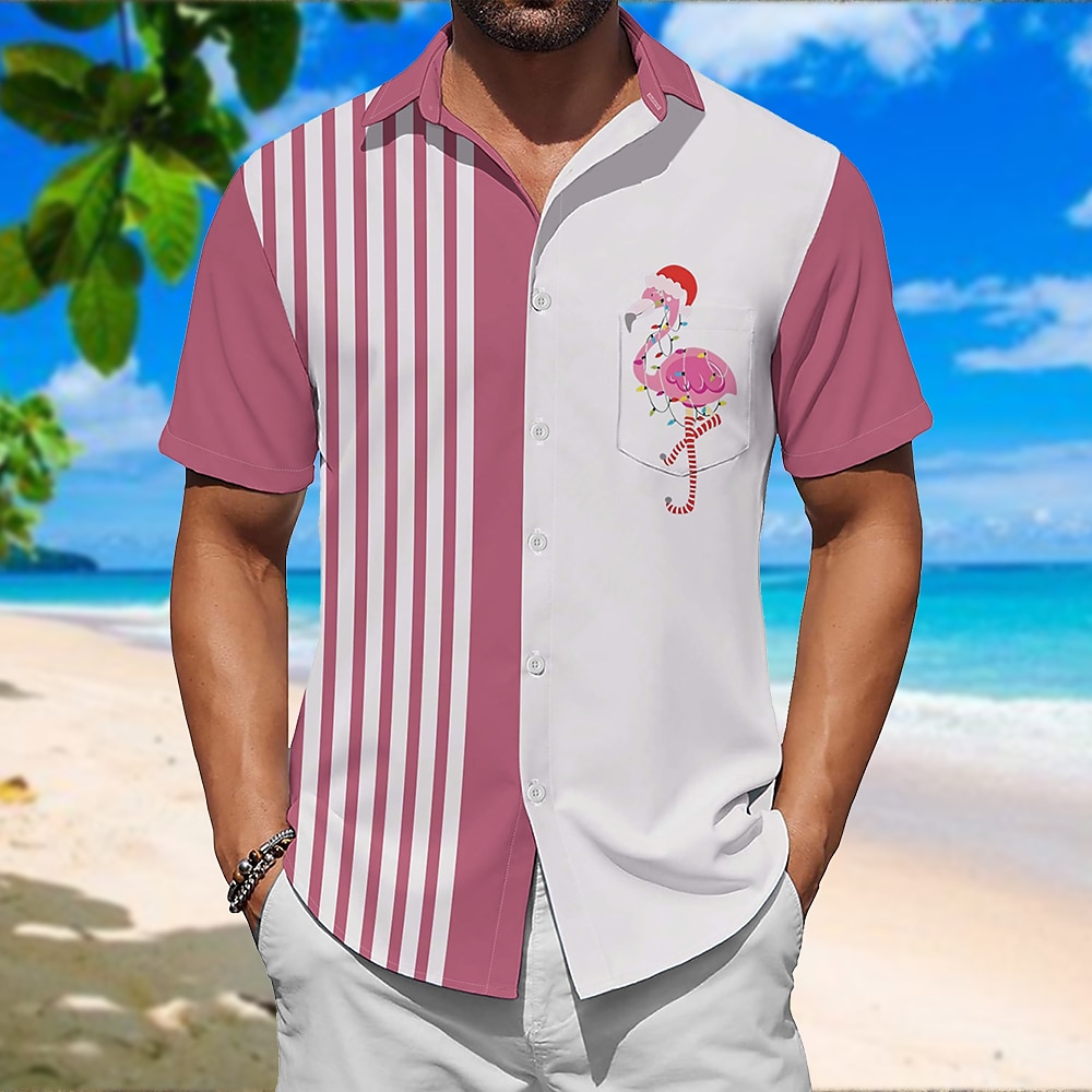 Herren Farbblock Flamingo Linie Hawaiihemd Sommerhemd Bowling-Shirt Aloha-Shirt Kurze Ärmel Hawaiianisch Strand Design Urlaub Strasse Freizeitskleidung Frühling Sommer Umlegekragen Hemdkragen Print Lightinthebox