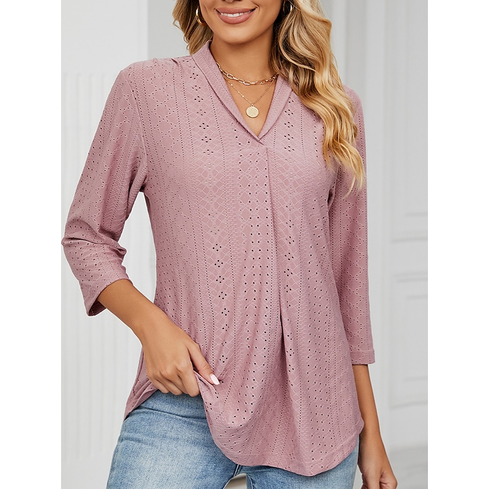 Damen Hemd Bluse Basic Brautkleider schlicht Feste Farbe Normale Oberteile 3/4 Ärmel V Ausschnitt Knopf Öse Regular Fit Täglich Weiß Rosa Grün Sommer Frühling Lightinthebox