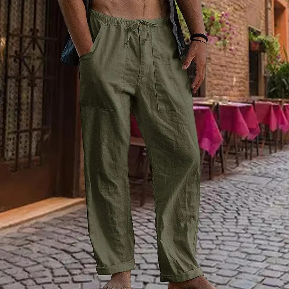 Herren Leinenhose Hose Hosen Sommerhosen Gazehose Tasche Kordelzug Gerade geschnitten Glatt Komfort Atmungsaktiv In voller Länge Outdoor Täglich Strassenmode Modisch Retro Vintage Schwarz Weiß Lightinthebox