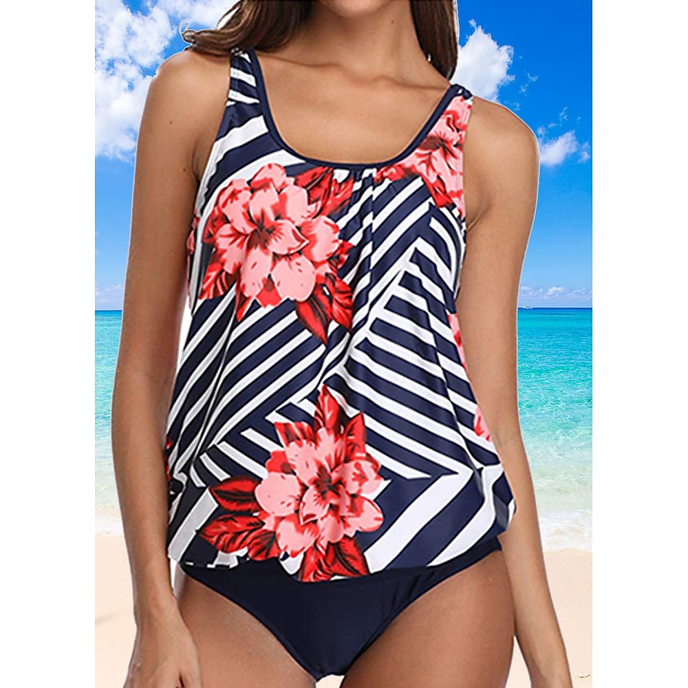 Damen Badeanzug Tankini 2 Stück Cheeky-Bikinihose Bademode Rüschen Urlaub Strandbekleidung Blumen Graphic U-Ausschnitt Ärmellos Badeanzüge Lightinthebox