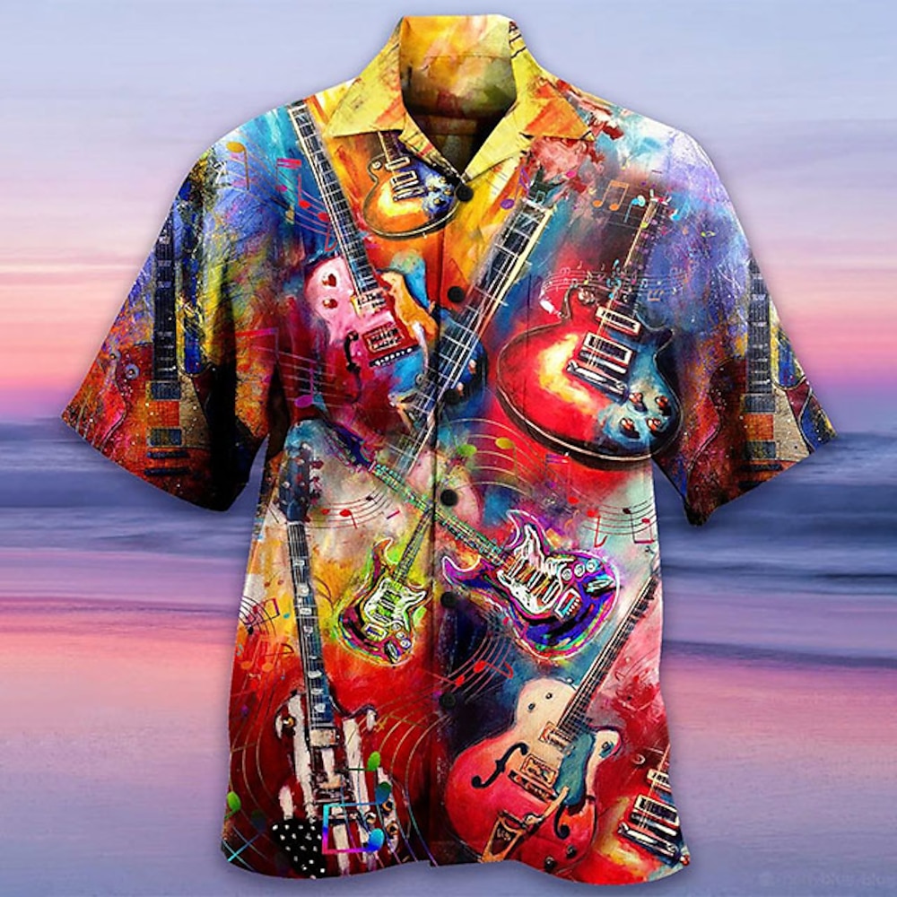 Herren Musik Mehrfarbig Gitarre Hemd Hawaiihemd Sommerhemd Kurzarm Sport Modisch Strassenmode Casual Hawaiianisch Festtage Sommer Frühling Kubanisches Halsband Bedruckt Button-Down Gelb Rote Braun Lightinthebox