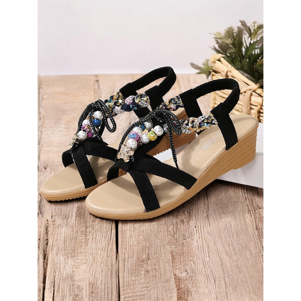 Schwarze Keilsandalen für Damen mit Perlen-Fesselriemen und Schnürdesign, Boho-Sommerschuhe für die Freizeit und den Strand Lightinthebox