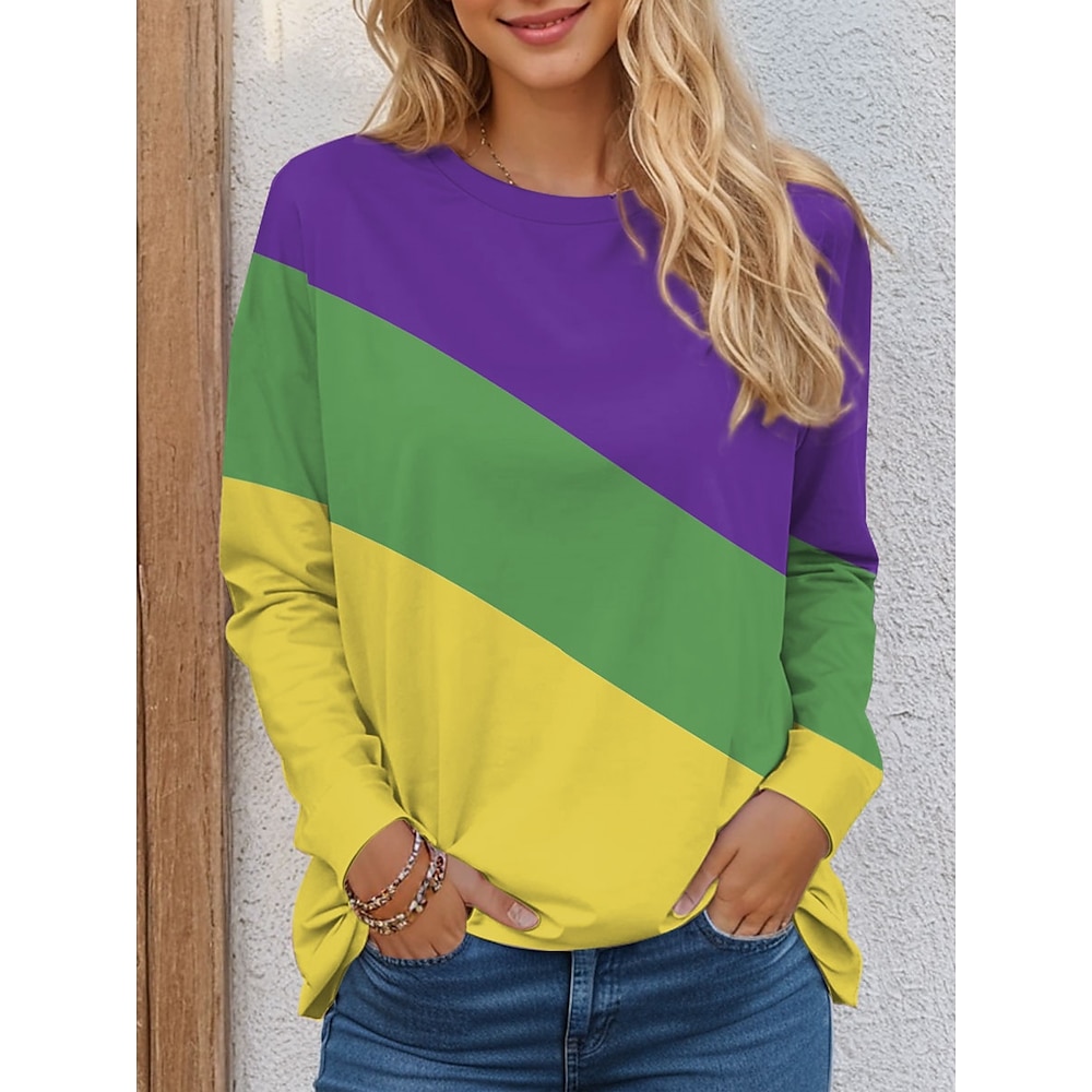 Damen T Shirt Brautkleider schlicht Karneval Gestreift Normale Oberteile Langarm Rundhalsausschnitt Bedruckt Regular Fit Täglich Purpur Frühling Herbst Lightinthebox