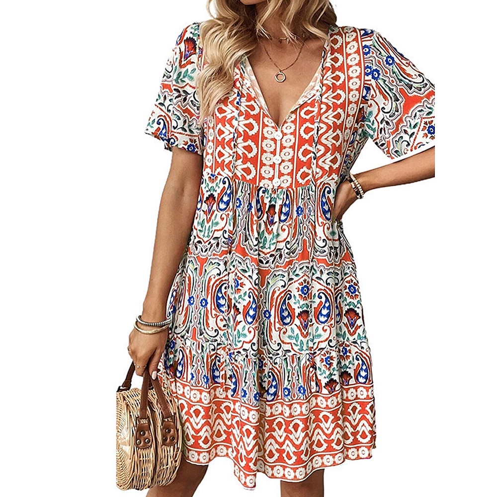 Damen Casual kleid Boho Chic Kleider A Linie Kleid Böhmen Kuschelig Stilvoll Graphic kleid lang Kurzarm V Ausschnitt Bedruckt Lockere Passform Urlaub Täglich Strand Rote Blau Orange Sommer Frühling Lightinthebox