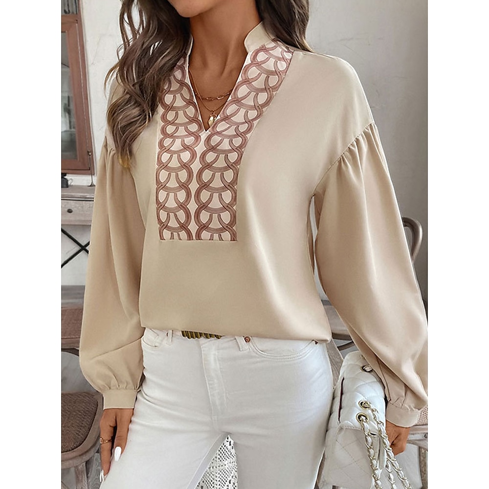 Damen Hemd Bluse Elegant Täglich Stilvoll Feste Farbe Normale Oberteile Langarm V Ausschnitt Patchwork Regular Fit Täglich Khaki Frühling Herbst Lightinthebox