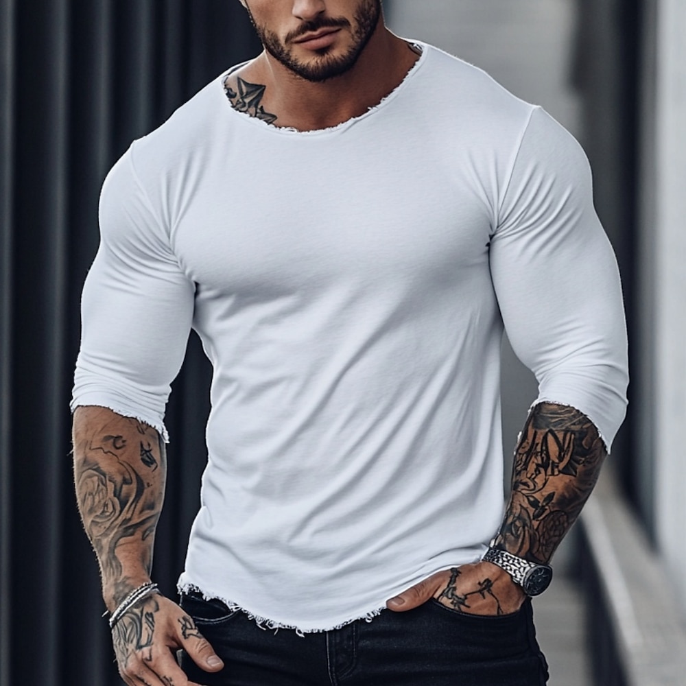 Herren T Shirt Feste Farbe Rundhalsausschnitt Normal Outdoor Casual Langarm Rundhalsausschnitt Bekleidung Strickware Täglich Lightinthebox