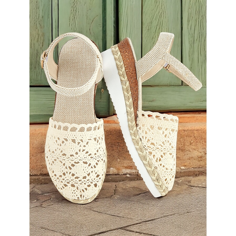 Gehäkelte Espadrille-Keilsandalen für Damen mit Knöchelriemen, leichte Sommerschuhe im Boho-Stil für Freizeit und Strand Lightinthebox