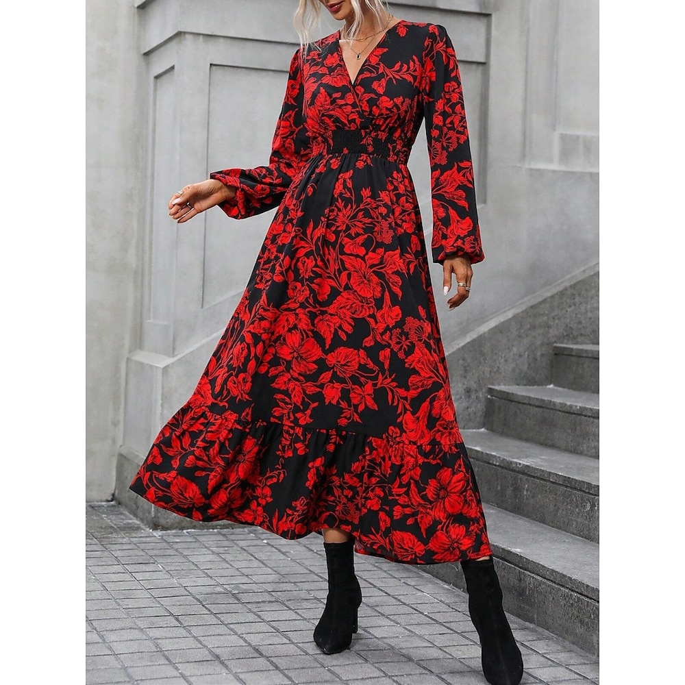 Damen Polyester Blumen V Ausschnitt Maxidress Langarm Sommer Frühling Lightinthebox