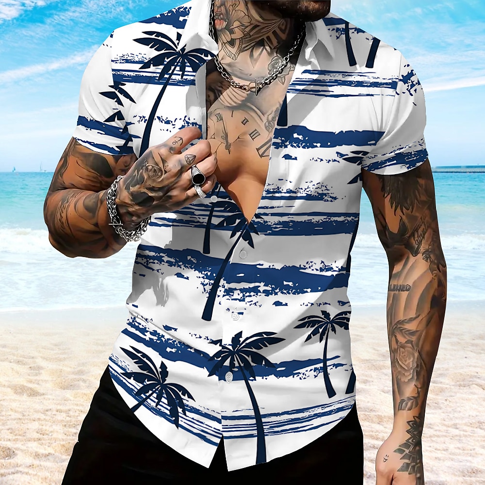 Herren Kokusnuss-Palme Lässiges Hemd Aloha-Shirt Kurzarm Hawaiianisch Resort Urlaub Casual Blau Lightinthebox