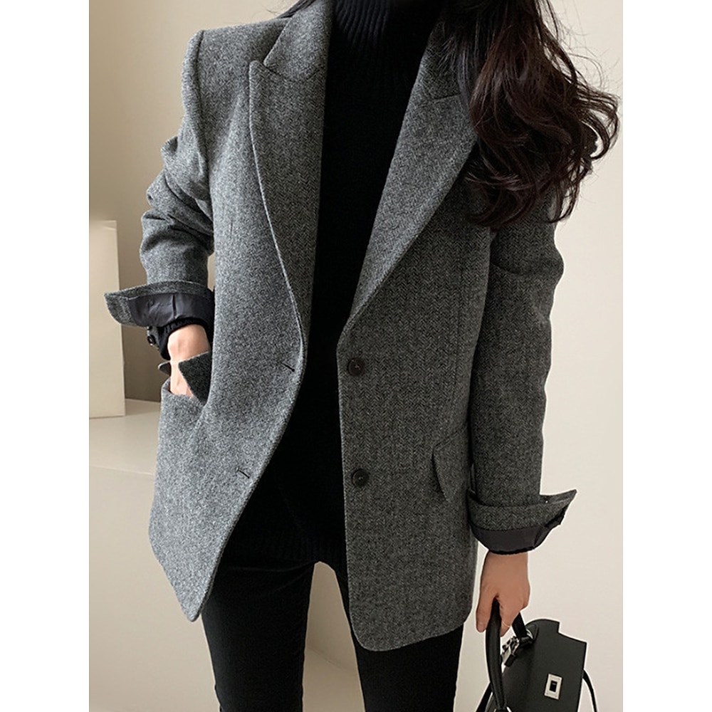 Damen Blazer Sakko warm halten Atmungsaktiv Patchwork Tasche OL-Stil Modern Feste Farbe Büro / Geschäftlich Ausgehen Standard Umlegekragen Regular Fit Langarm Oberbekleidung Braun Grau Herbst Winter Lightinthebox