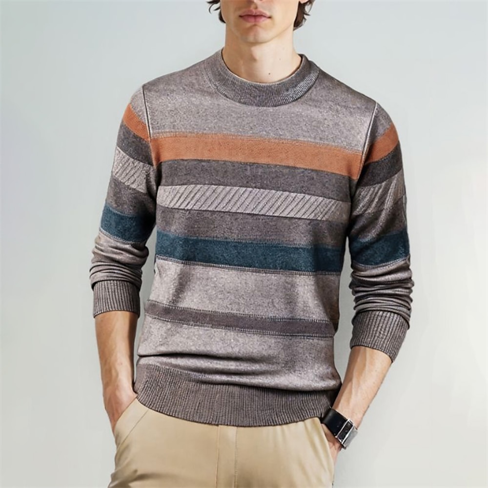 Herren Pullover Strickpullover Gerippt Stricken Normale Oberteile Strick Gestreift Rundhalsausschnitt Modisch Basic Urlaub Freizeitskleidung Bekleidung Herbst Winter Kamel Schwarz S M L Lightinthebox