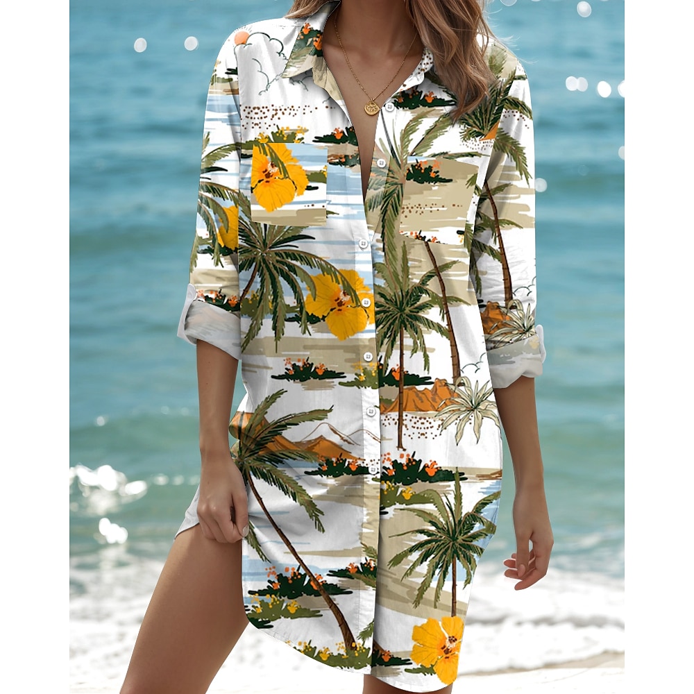 Damen Bluse Stilvoll Strand Design Bedruckt Langarm Lange Oberteile Hemdkragen Urlaub Gelb Frühling Herbst Lightinthebox