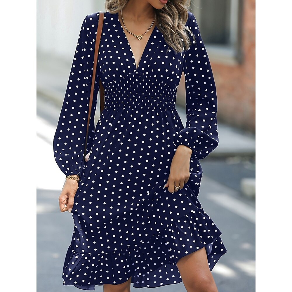 Damen Casual kleid A Linie Kleid Stilvoll Brautkleider schlicht Punkt Minikleid Langarm V Ausschnitt Rüsche Bedruckt Regular Fit Urlaub Täglich Marineblau Grün Frühling Herbst Lightinthebox