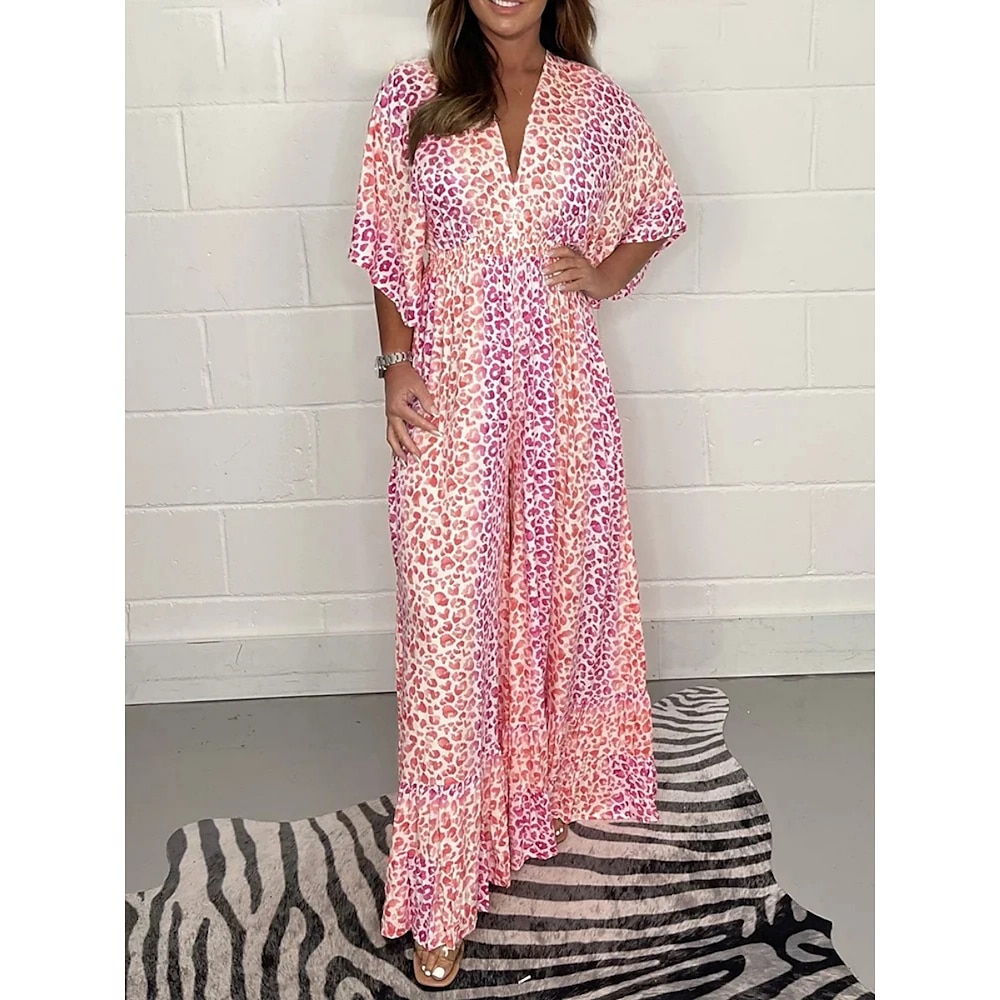 Damen Casual kleid Schaukelkleid A Linie Kleid Brautkleider schlicht Leopard Maxidress Halbe Ärmel V Ausschnitt Bedruckt Regular Fit Täglich Gelb Rosa Grün Sommer Frühling Herbst Lightinthebox