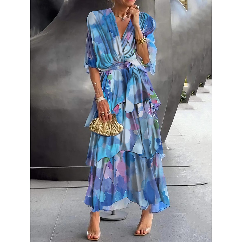 Damen A Linie Kleid Elegant Ausgefallene Blumen kleid lang Halbe Ärmel V Ausschnitt Rüsche Layer-Look Bedruckt Regular Fit Verabredung Blau Sommer Lightinthebox