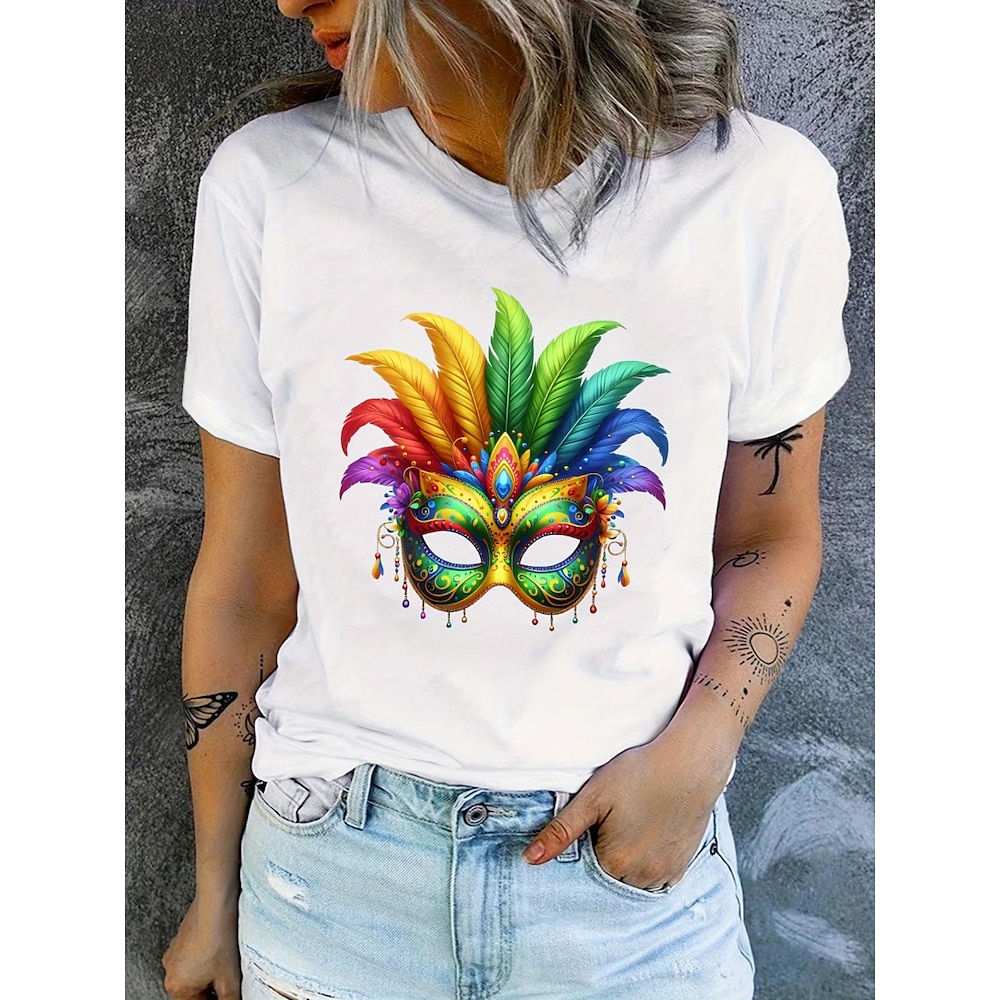 Damen-T-Shirt aus 100 % Baumwolle, lässig, Mardi Gras-Grafik, normale Oberteile, kurze Ärmel, Rundhalsausschnitt, Druck, normale Passform, täglich, schwarz, weiß, grau, Sommer Lightinthebox