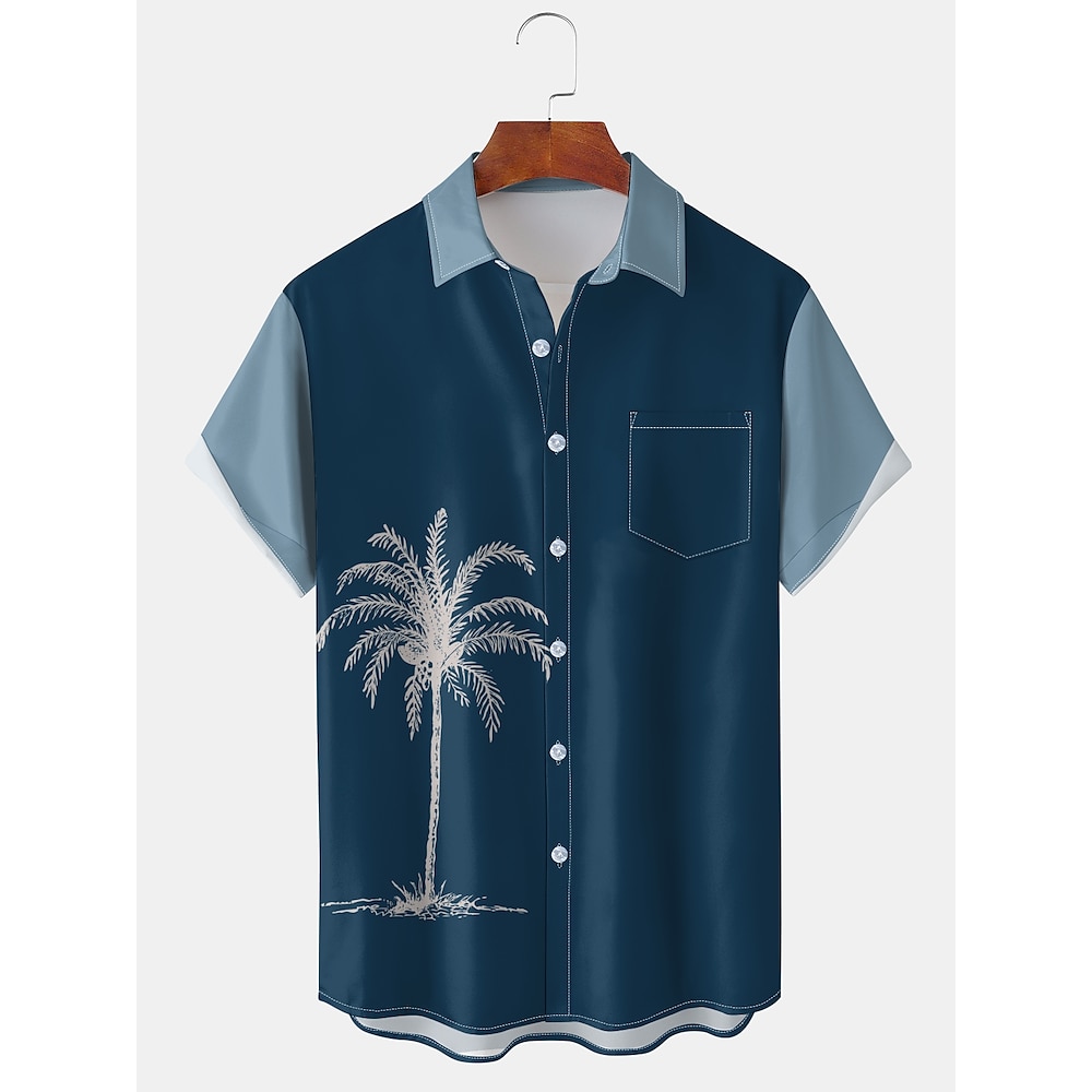 Herren Farbblock Palme Linie Hawaiihemd Sommerhemd Aloha-Shirt Kurze Ärmel Künstlerisch Strand Design Outdoor Urlaub Frühling Sommer Hemdkragen Blau Lightinthebox