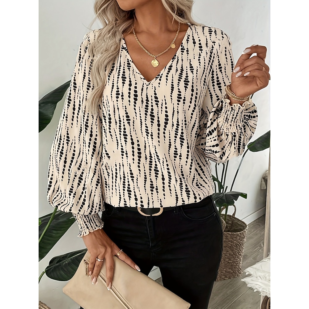 Damen Hemd Bluse Stilvoll Brautkleider schlicht Geometrisch Normale Oberteile Langarm V Ausschnitt Bedruckt Regular Fit Täglich Khaki Sommer Frühling Herbst Lightinthebox