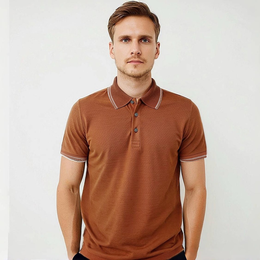 Herren Polo Polo Pullover Formal Arbeit Umlegekragen Kurzarm Feste Farbe Gestreift Knopf Frühling Herbst Schwarz Weiß Marineblau Blau Braun Beige Polo Lightinthebox