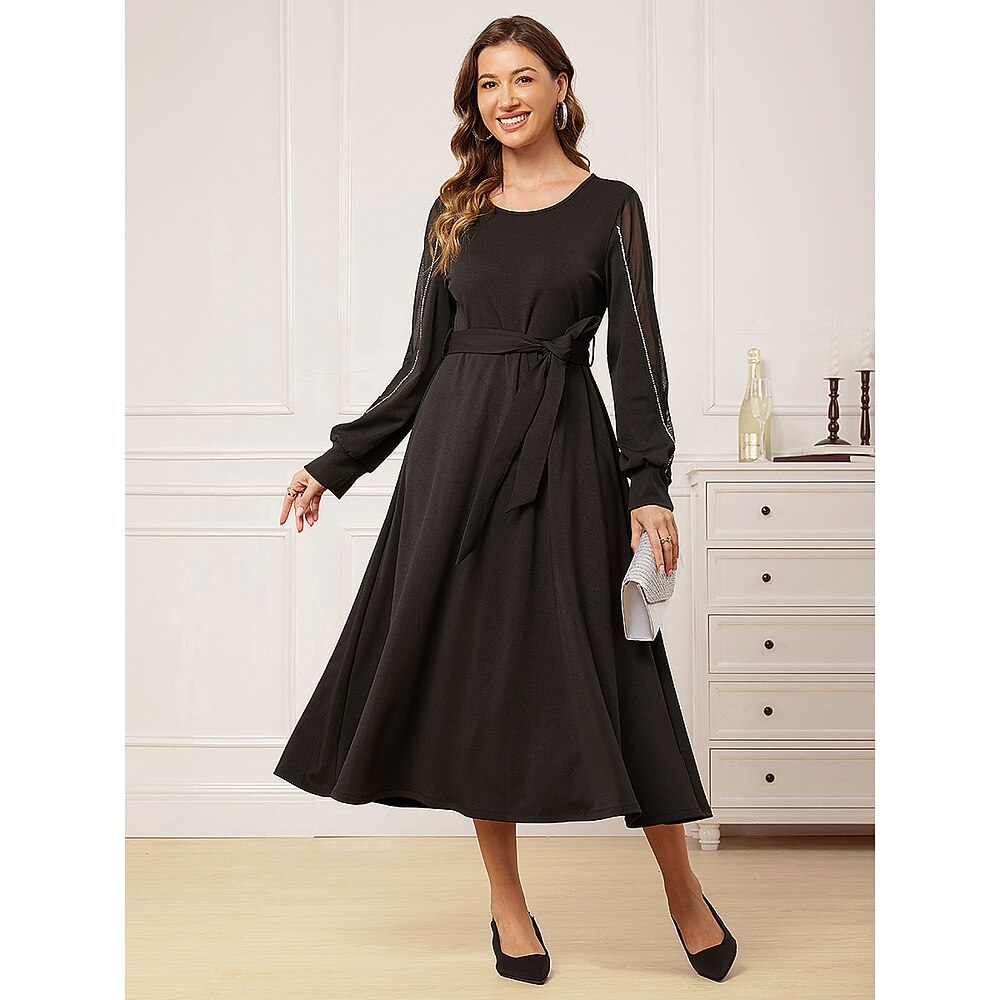 Damen schwarzes kleid Elegantes Kleid Elegant Stilvoll Brautkleider schlicht Midikleid Langarm Rundhalsausschnitt Angeschnallt Lockere Passform Party Schwarz Frühling Herbst Lightinthebox