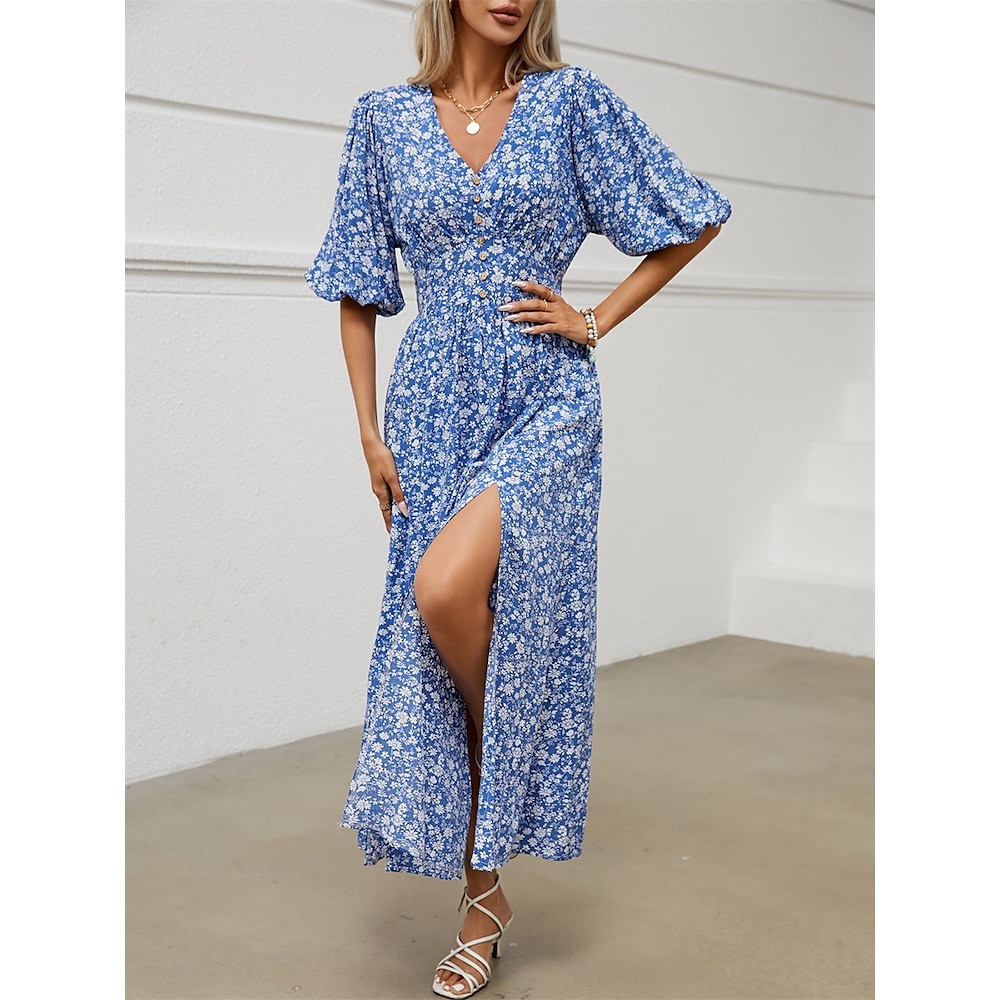 Damen Casual kleid Boho Chic Kleider Böhmen Kuschelig Stilvoll Graphic Maxidress Halbe Ärmel V Ausschnitt Knopf Bedruckt Gespaltener Oberschenkel Regular Fit Urlaub Täglich Strand Königliches Blau Lightinthebox