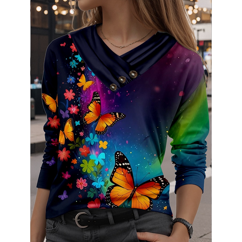 Damen T Shirt Stilvoll Brautkleider schlicht Bedruckt Langarm Normale Oberteile V Ausschnitt Täglich Marineblau Herbst Winter Lightinthebox