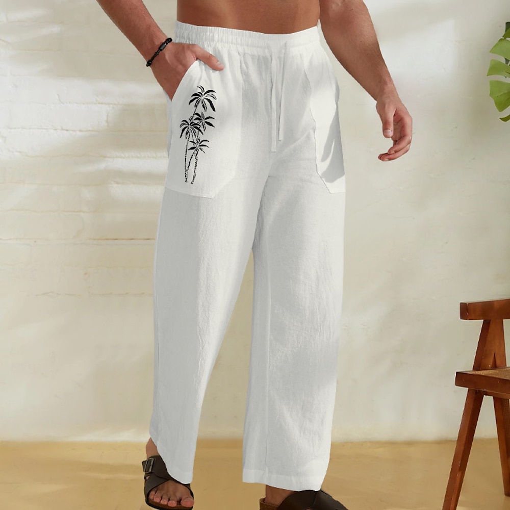 Herren Leinenhose Hose Hosen Sommerhosen Gazehose Kordelzug Elastische Taille Gerade geschnitten Kokosnussbaum Komfort Atmungsaktiv In voller Länge Heim Casual Täglich Modisch Klassicher Stil Schwarz Lightinthebox