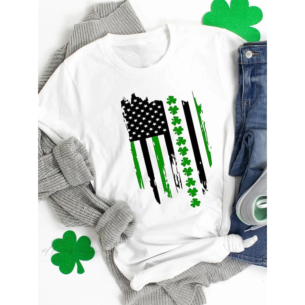 Damen T Shirt 100% Baumwolle Brautkleider schlicht Bedruckt Kurzarm Normale Oberteile St.Patrick's Day Täglich Schwarz Weiß Sommer Lightinthebox