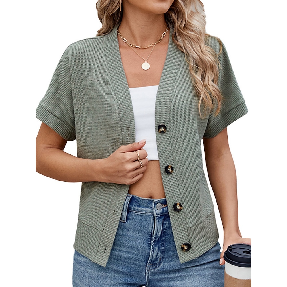 Damen Pullover Strickjacke Brautkleider schlicht Weich Einfarbig Gerippt V Ausschnitt Knopf Strick Kurze Ärmel Normale Oberteile Stricken Outdoor Täglich Wochenende Schwarz Grün Sommer Lightinthebox