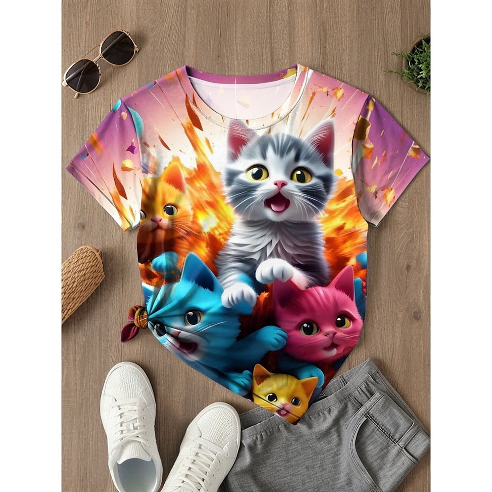 Damen T Shirt Brautkleider schlicht Katze Normale Oberteile Kurzarm Rundhalsausschnitt Bedruckt Regular Fit Täglich Purpur Sommer Lightinthebox