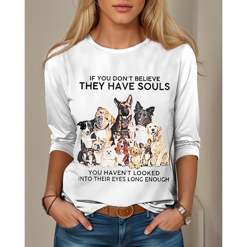 Damen T Shirt Brautkleider schlicht Katze Buchstabe Normale Oberteile Langarm Rundhalsausschnitt Bedruckt Regular Fit Täglich Wochenende Weiß Herbst Winter Lightinthebox